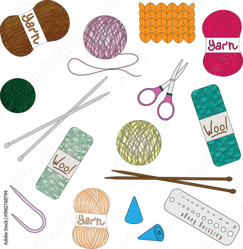 Knitting and crochet tools set with yarn balls, wool skeins, scissors, needles and gauge. Vector illustration for handmade hobby.