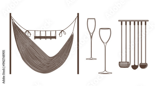Stylized illustration of a hammock, glassware, and serving utensils in a simplistic brown color scheme
