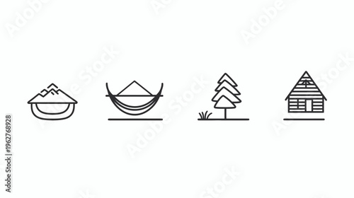 A minimalist icon set featuring elements of nature and leisure mountains, hammock, tree, and cabin