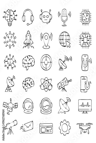 20 Technology and Science Thin Line Icons Set — Space, AI, Digital Innovation, Internet, Robotics, Communication Vector Collection
