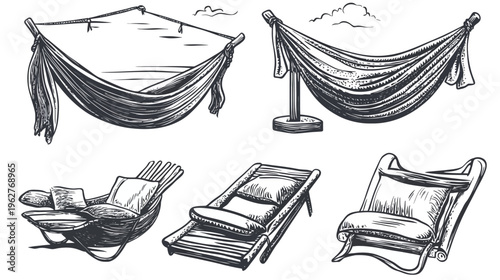 Black and white illustrations of hammocks and reclining chairs on a white background