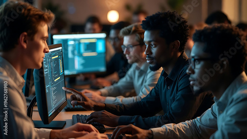 Dynamic teamwork: diverse group of developers, intently focused on coding, in a low-light office setting, crafting innovative software solutions.