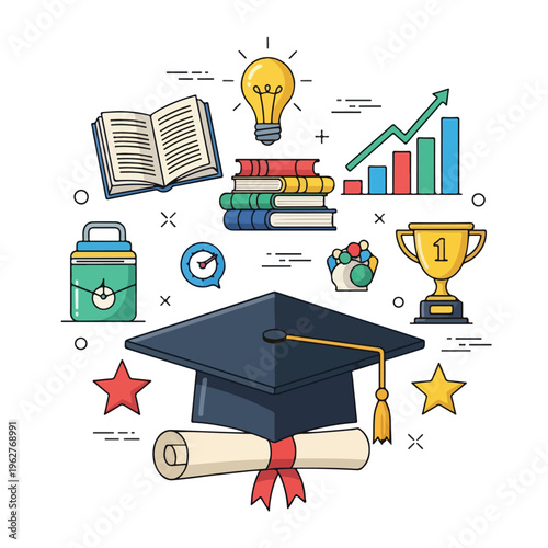 Colorful illustrated image with books, graduation cap, and other academic symbols