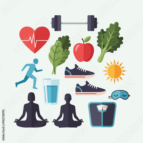 Colorful illustrated image with health and wellness icons in a flat style