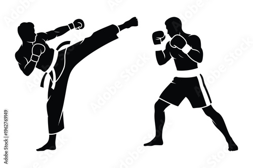 Martial arts fighter kicking and boxer silhouette vector art