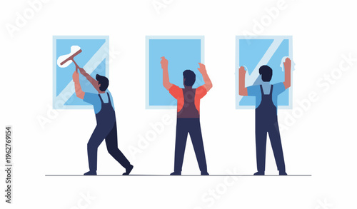 business man with graph Window Cleaning Workers Using Squeegee Sponge Cloth Vector