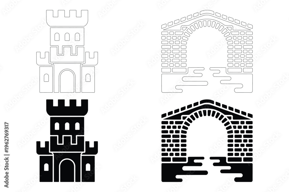 Naklejka premium Black silhouette castle tower and arch bridge icons