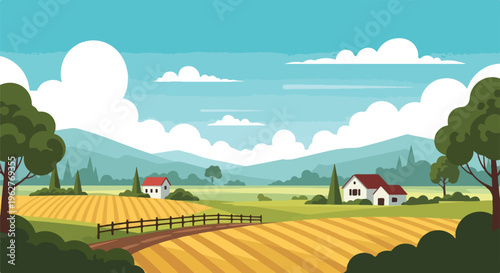 Colorful illustrated landscape featuring fields, houses, trees, and cloudy sky