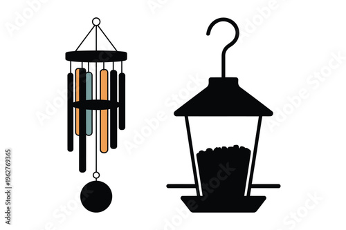 Wind chime and bird feeder silhouette icons