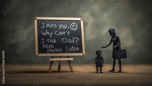 Parental estrangement. Chalk writing on a board and family silhouettes