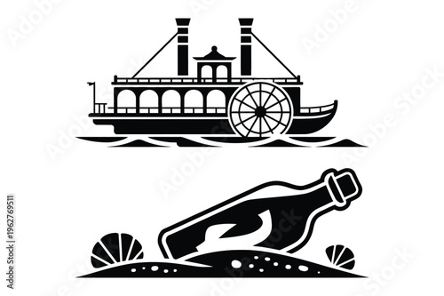 Steamboat silhouette, message in a bottle silhouette on beach