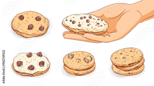 Cartoon illustration of various chocolate chip cookies, one held in a hand, all on white