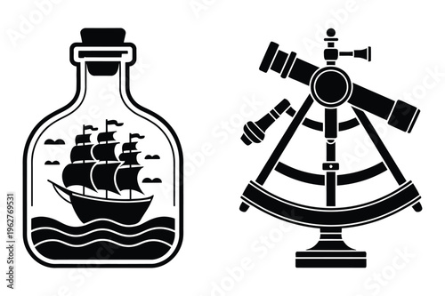 Ship in a bottle silhouette, nautical sextant silhouette