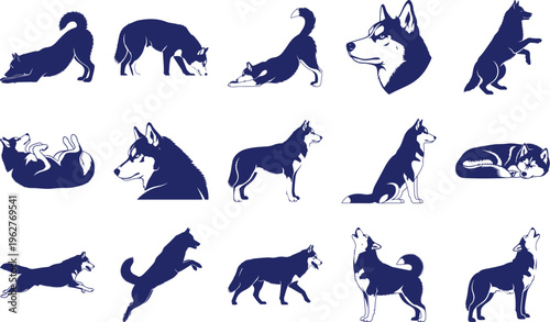 Blue Siberian Husky Silhouettes white