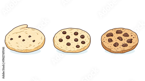 A cartoon illustration of three chocolate chip cookies in different stages