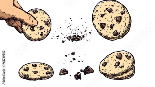 Hand reaching for and holding a cookie, with cookies and crumbs scattered around on a white background