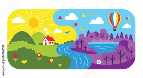 Colorful illustrated landscape featuring house, birds, sun, clouds, river, and hot air balloon
