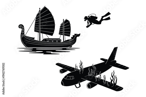 Diver and sunken airplane silhouette, viking ship silhouette