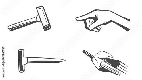 A grayscale compilation showcasing construction tools, a pointing hand, and a brush