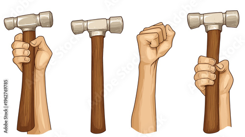 A stylized illustration features various hands holding hammers or making a fist, with a white background