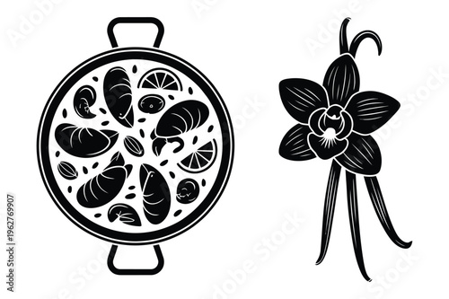 Paella and vanilla silhouette icons