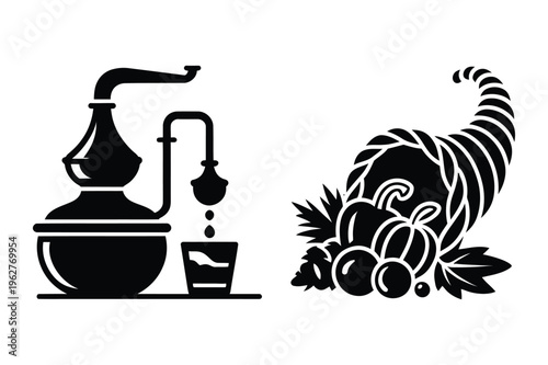 Distillery equipment and cornucopia vector icons
