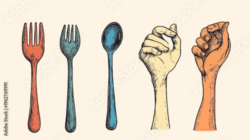 Graphic art forks, spoon, and hands. Expressive, colorful illustration, depicting utensils and gestures