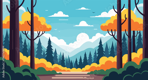 Colorful illustrated landscape featuring trees, mountains, and clouds