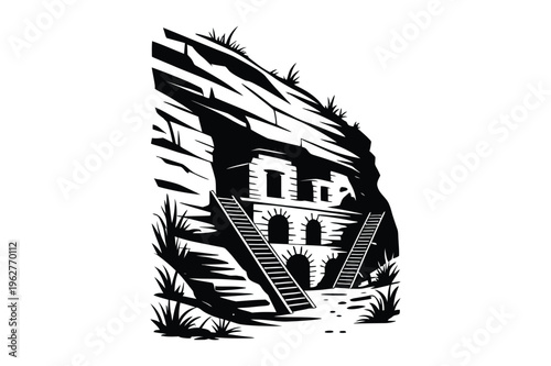 Ancient cliff dwelling architecture in a mountain cave silhouette vector