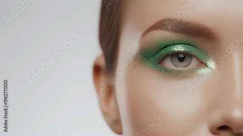 A close-up of a woman's eye with vibrant green glitter eyeshadow.
