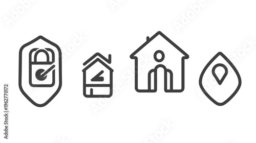 Collection of vector icons representing security, home, energy, and location symbols, outlined