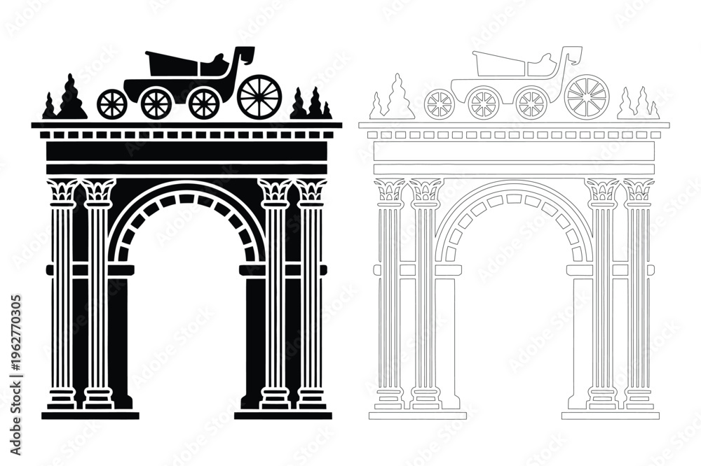 Obraz premium Classical archway with pillars and vintage automobile vector icon