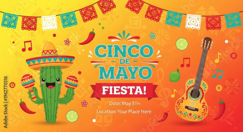 Vibrant cinco de mayo fiesta celebration with cactus in sombrero and guitar on gradient background