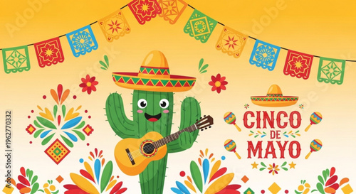 Smiling cactus in sombrero plays guitar at vibrant cinco de mayo celebration with colorful decorations and banners