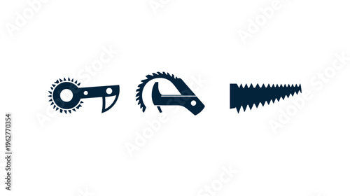 Three minimalist illustrations of saw-related tools in dark blue against a white background