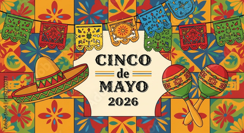 Vibrant cinco de mayo celebration background with sombrero maracas and paper banners