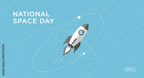 Rocket ship blasting off into space on national space day with a blue background and white dotted orbit