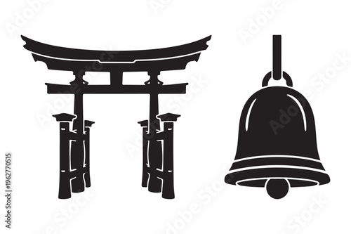 Japanese torii gate and temple bell silhouette vector icons