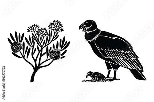 Andean condor with chick and desert plant silhouette vector illustration