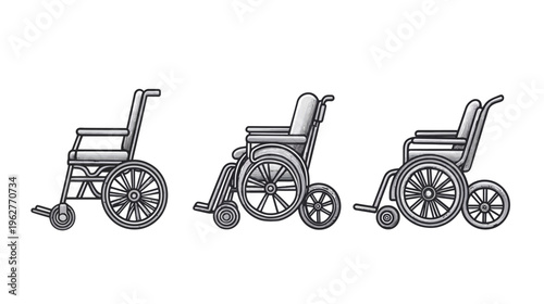 Three stylized grayscale illustrations of wheelchairs from different perspectives, all facing left