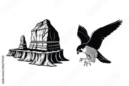 Peregrine falcon bird of prey and rugged mountain vector silhouette