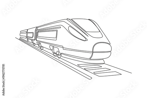 Continuous one line drawing high speed aerodynamic train traveling on rail track. Advance railway technology, intercity transit, rapid urban travel. Single line draw design vector graphic illustration