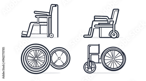 Collection of simplified, outlined illustrations of wheelchairs in various positions and wheel detail