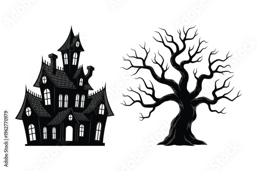 Haunted house mansion and spooky bare tree vector illustration set