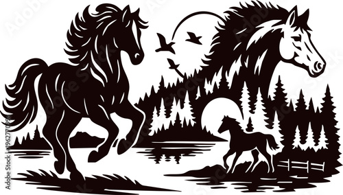 Wild Horse Silhouette in Forest Landscape with Moon and Birds