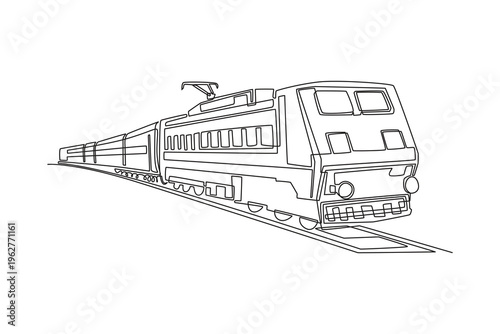 Continuous one line drawing electric passenger train with locomotive and carriages on rail track. Intercity travel, public transit, rail transport. Single line draw design vector graphic illustration