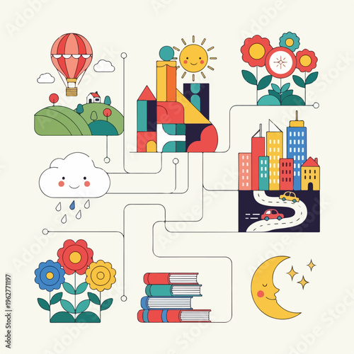Colorful illustrated scene depicting a day's activities and elements