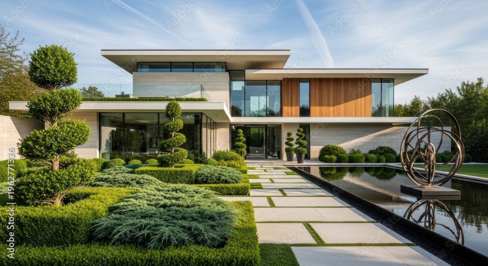 Fototapeta premium A modern, two-story house with a flat roof and large windows, surrounded by a well-maintained garden with neatly trimmed hedges and a reflective pool.