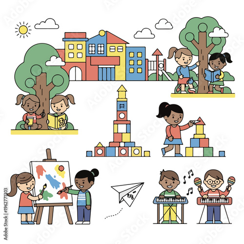 Colorful illustrated scene depicting kids engaging in various activities