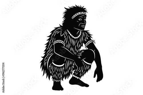 Indigenous tribal man squatting in traditional attire silhouette